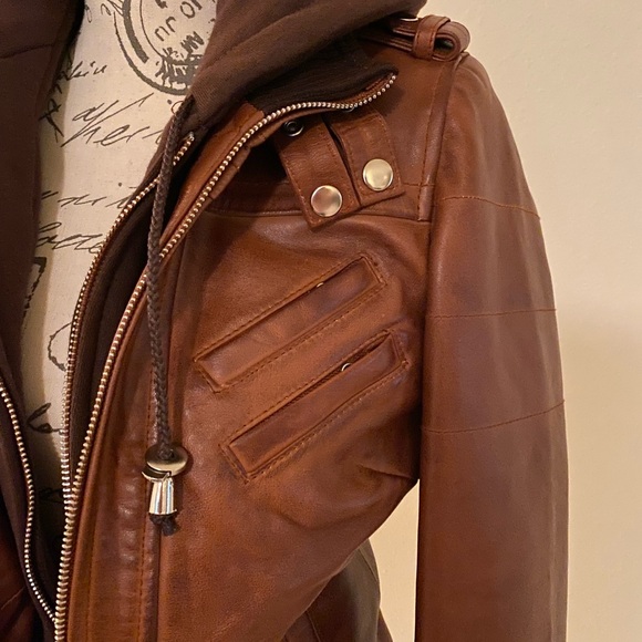Women's Bomber Cognac Brown Leather Jacket with Removeable Hood - Picture 3 of 9